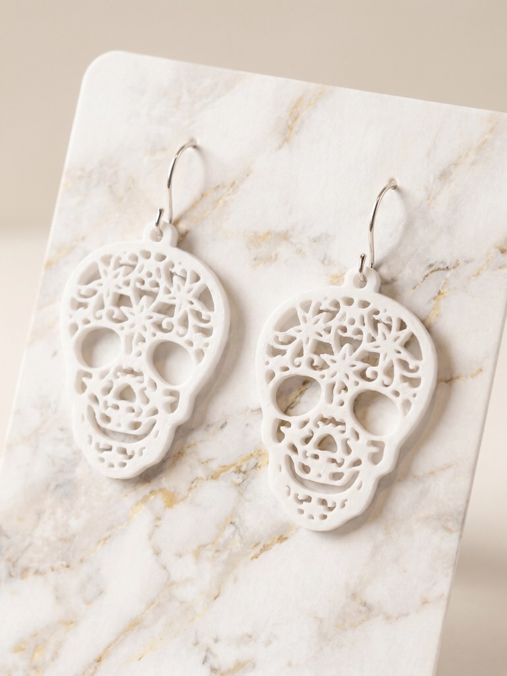 White Sugar Skull Filigree Drop Earrings